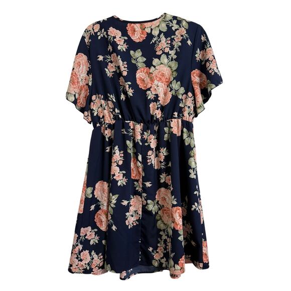 SHEIN Curve 1x Dark Blue Floral Dress Women Knee Shin Length Plus Size Gown - Picture 3 of 4
